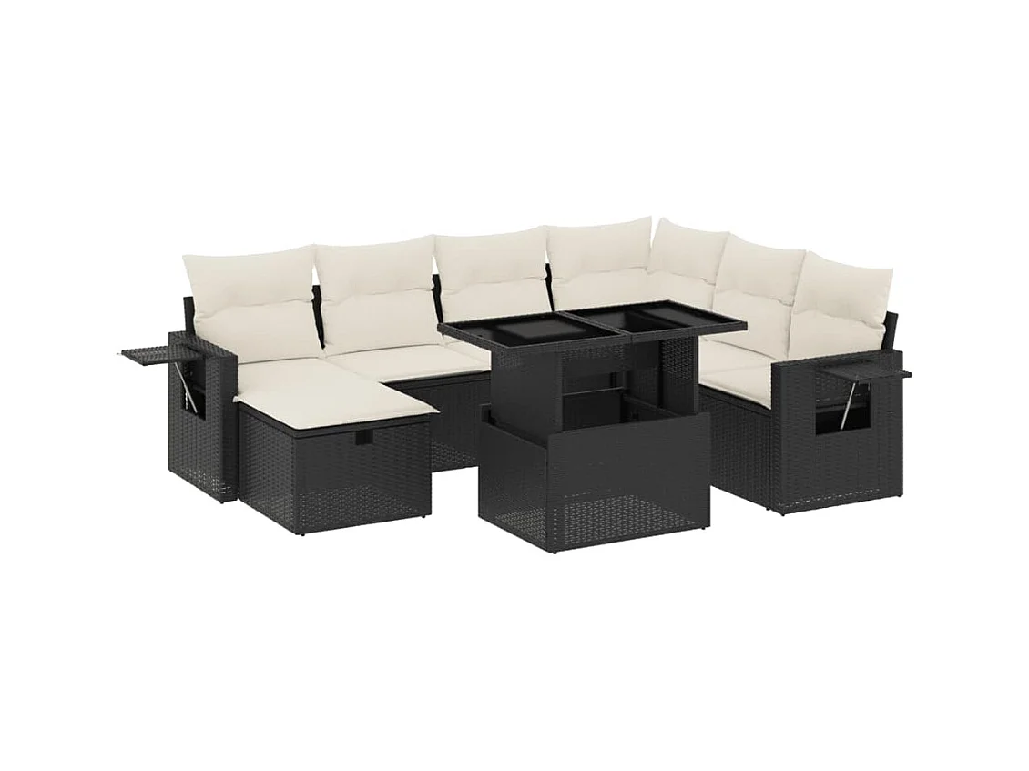 8-delige Loungeset met kussens poly rattan zwart
