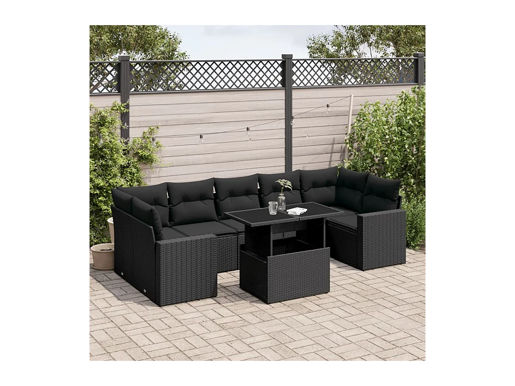 Salon de jardin 8 pièces avec coussins noir résine tressée