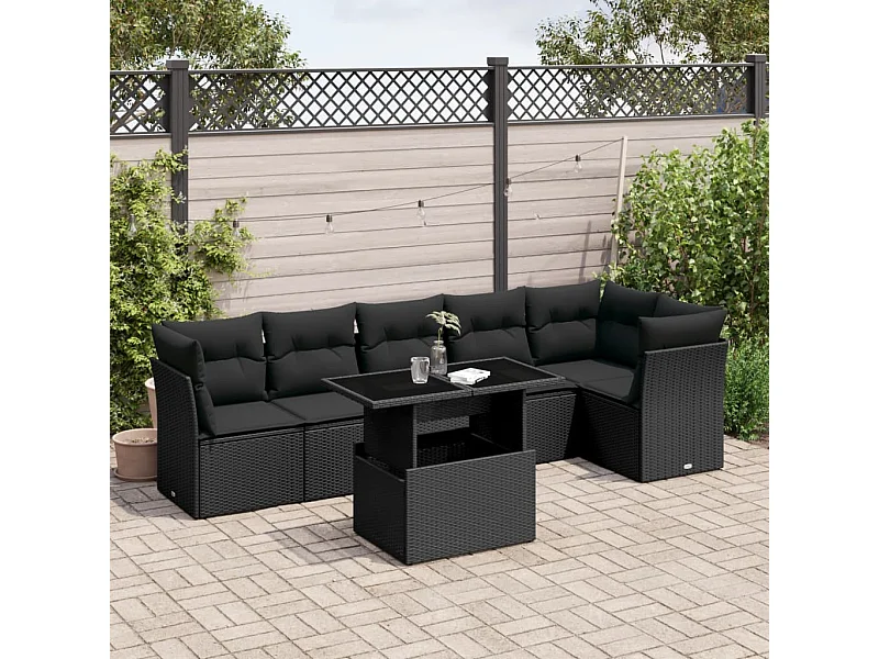 7-delige Loungeset met kussens poly rattan zwart