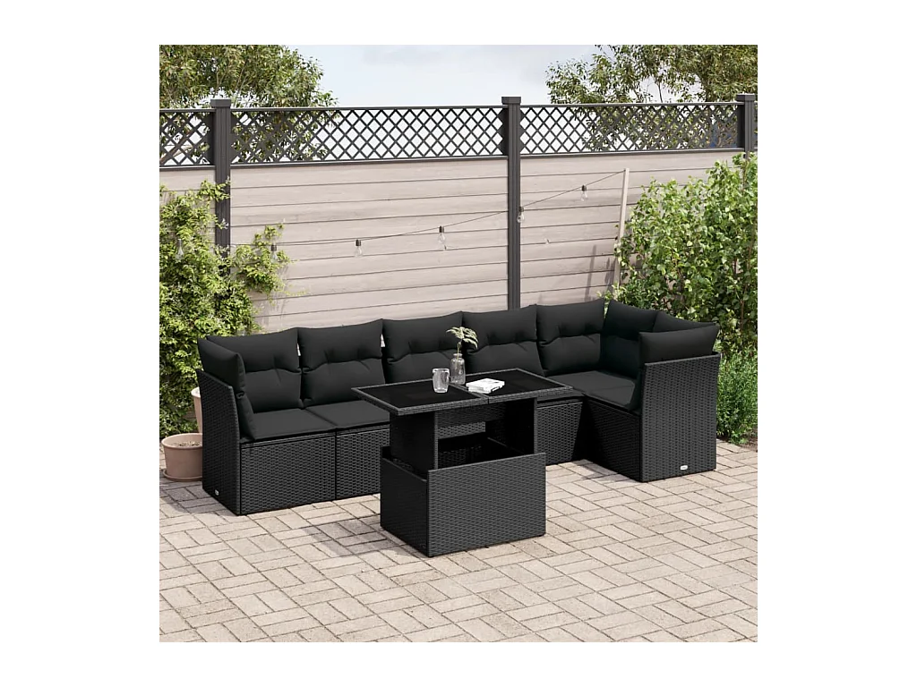 7-delige Loungeset met kussens poly rattan zwart