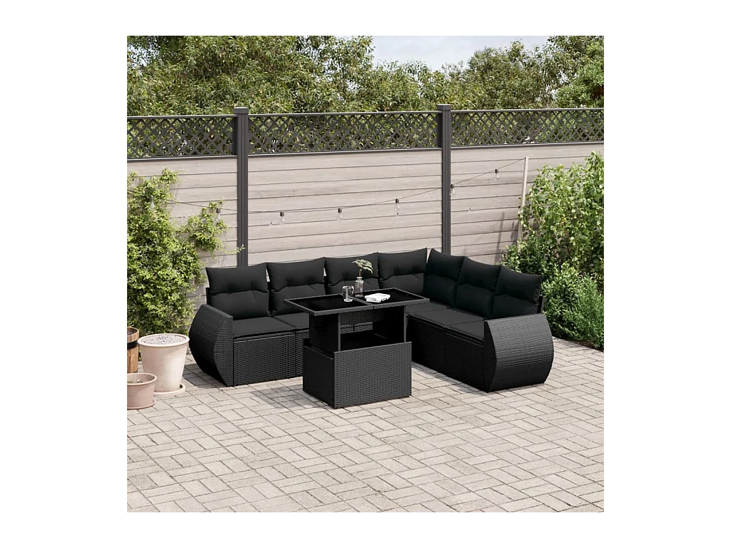 Salon de jardin 7 pièces avec coussins noir résine tressée