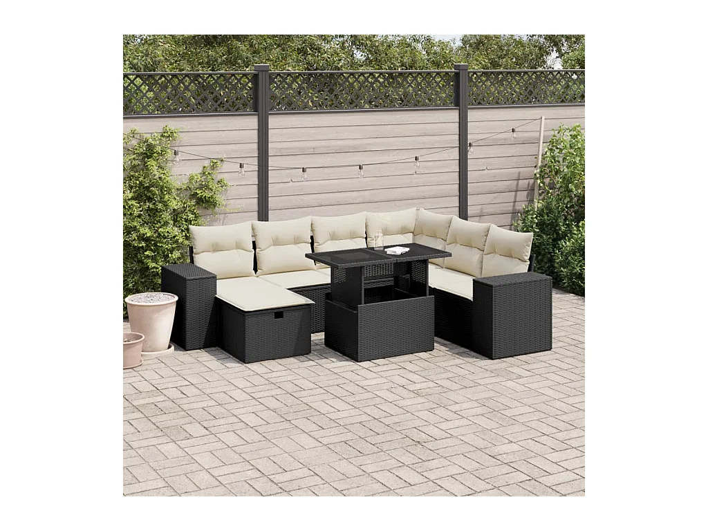 Salon de jardin 8 pièces avec coussins noir résine tressée