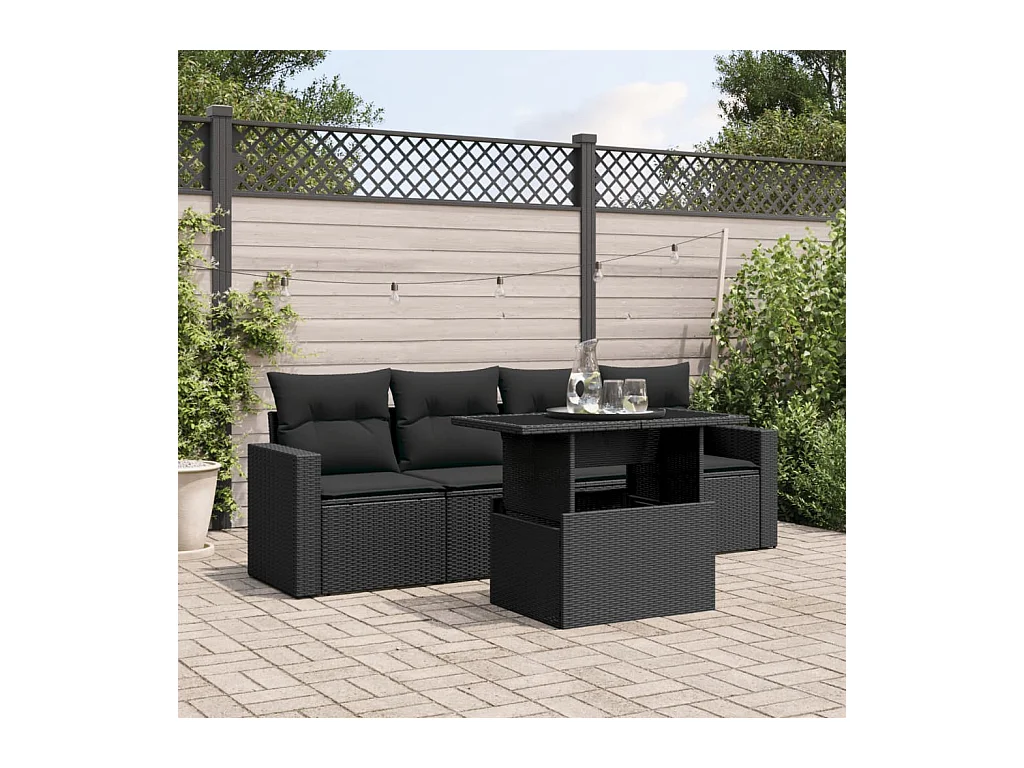 Salon de jardin 5 pièces avec coussins noir résine tressée