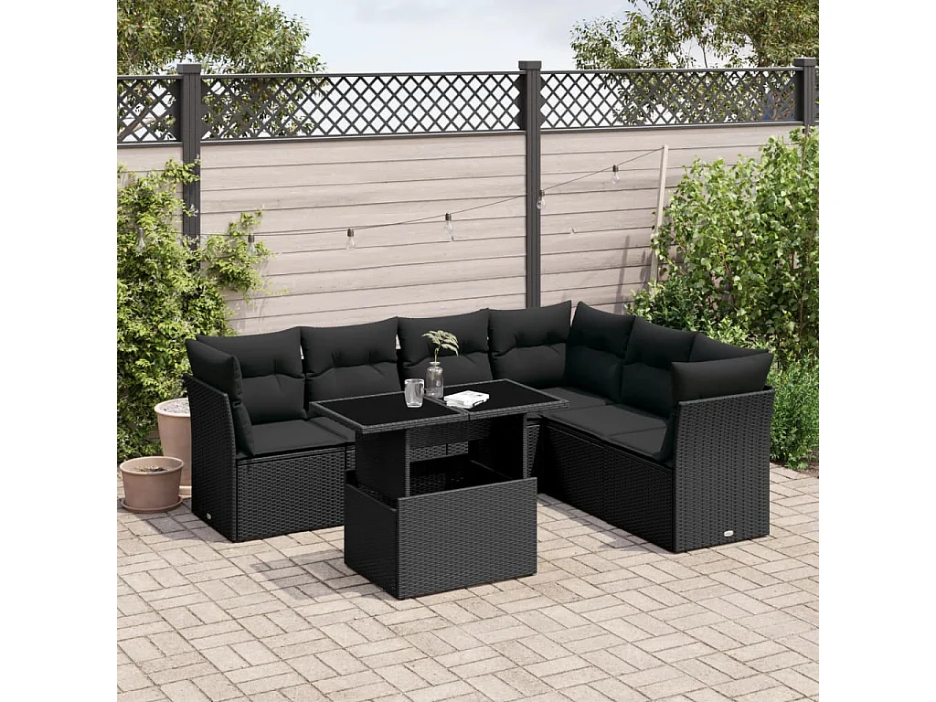 Salon de jardin 7 pièces avec coussins noir résine tressée
