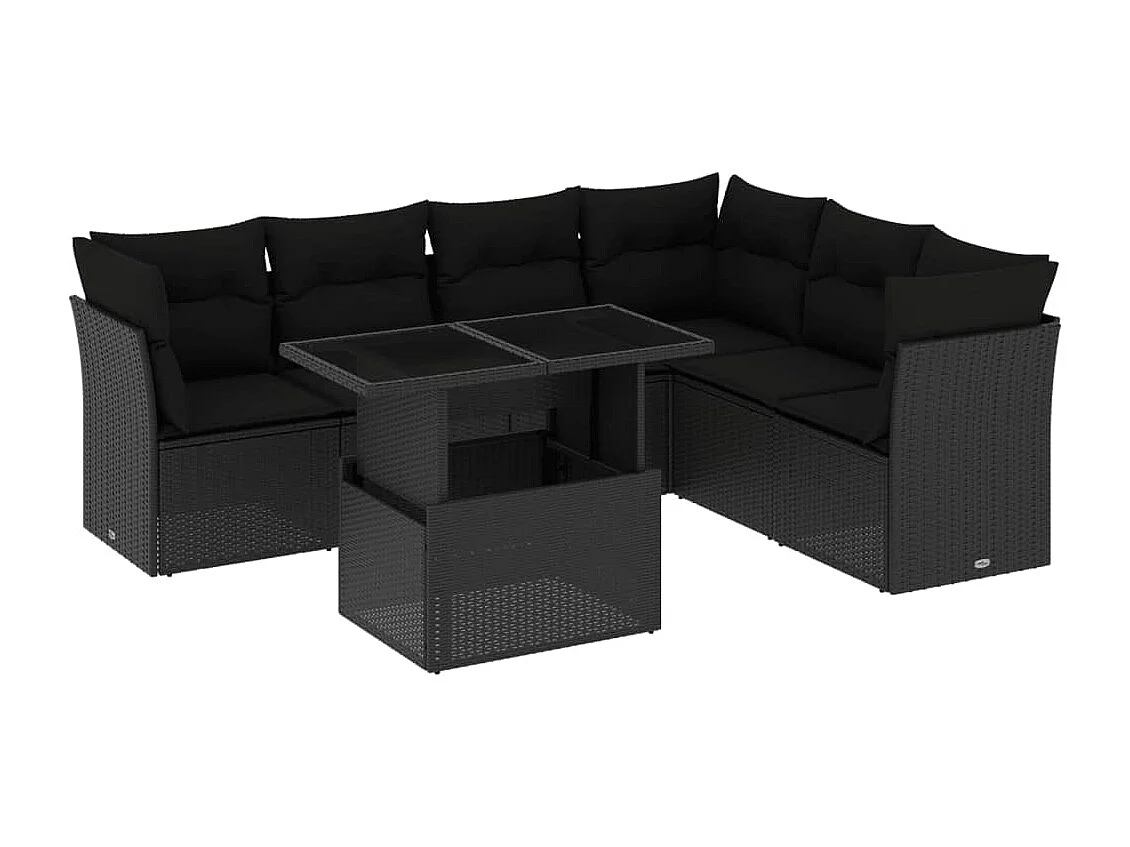 Salon de jardin 7 pièces avec coussins noir résine tressée