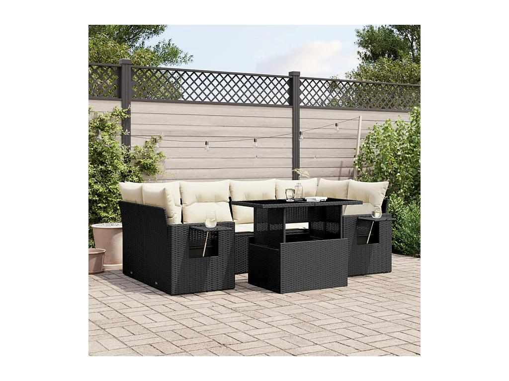 7-delige Loungeset met kussens poly rattan zwart