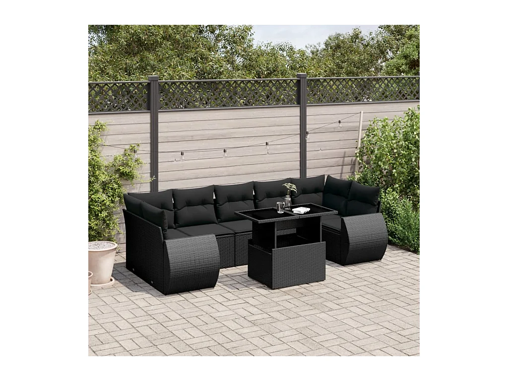 Salon de jardin 8 pièces avec coussins noir résine tressée