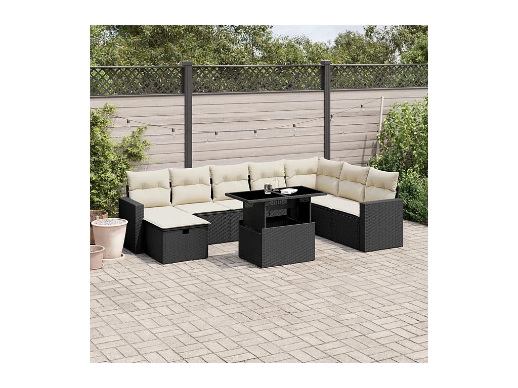 Salon de jardin 9 pièces avec coussins noir résine tressée