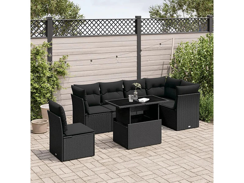 7-delige Loungeset met kussens poly rattan zwart