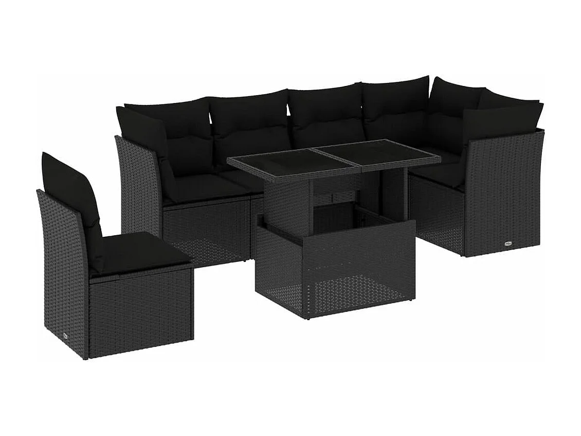 Salon de jardin 7 pièces avec coussins noir résine tressée