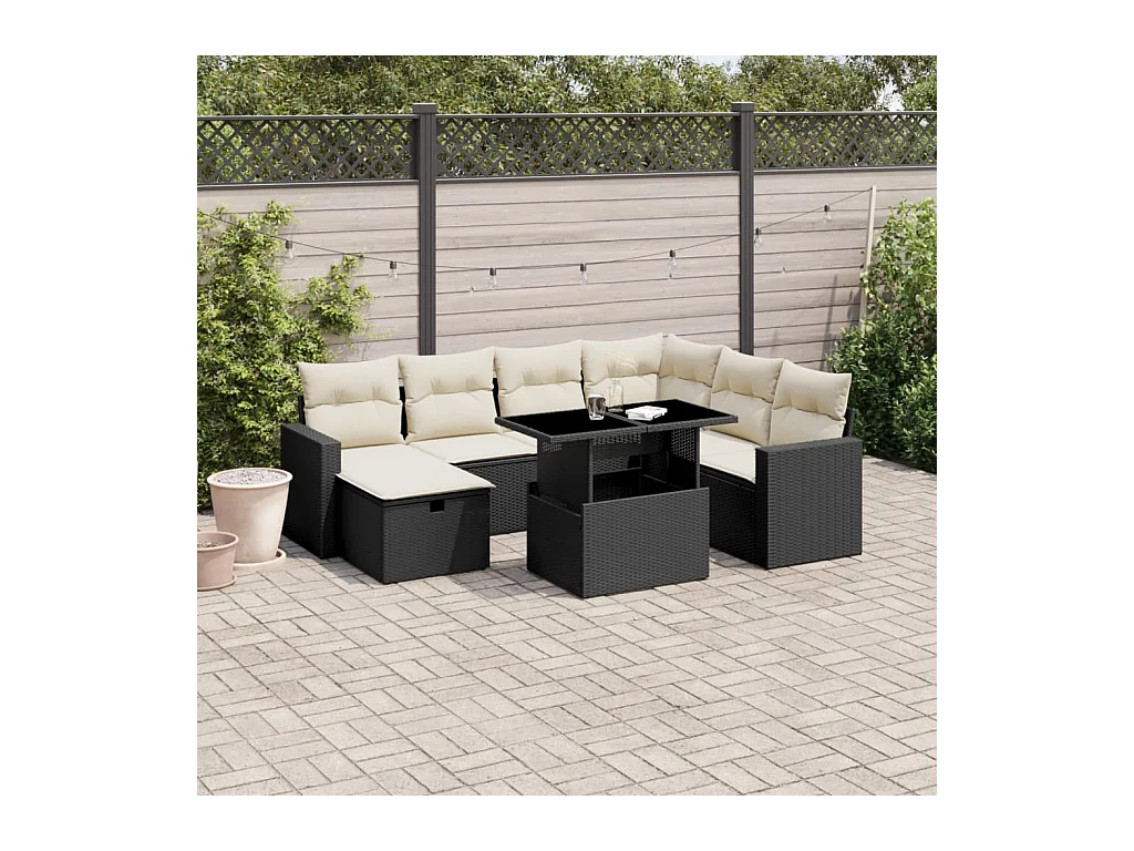 8-delige Loungeset met kussens poly rattan zwart