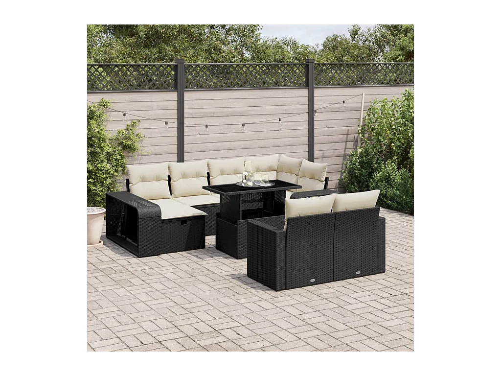 Salon de jardin 11 pièces avec coussins noir résine tressée