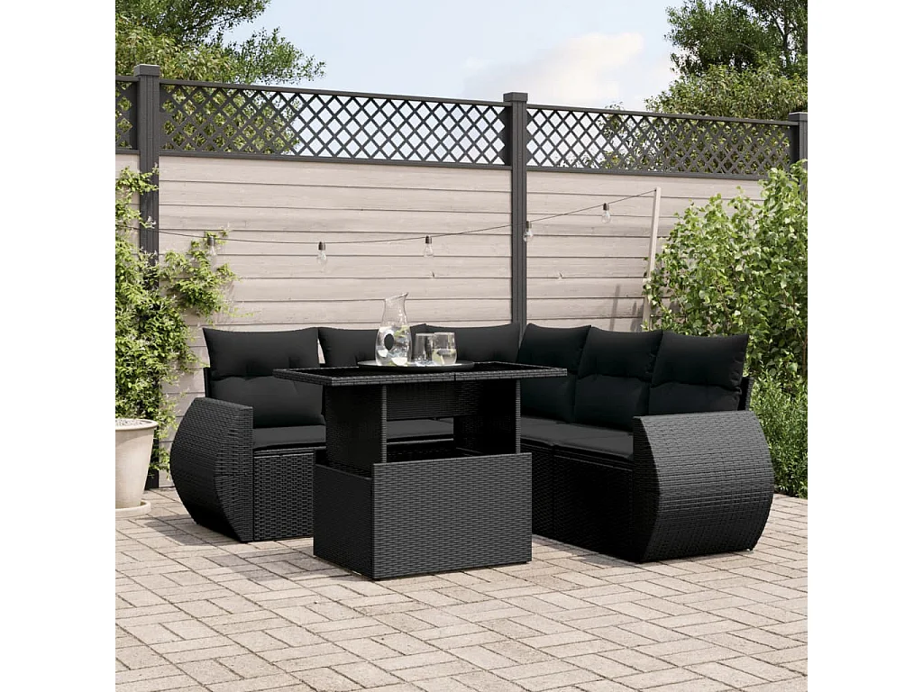 Salon de jardin 6 pièces avec coussins noir résine tressée