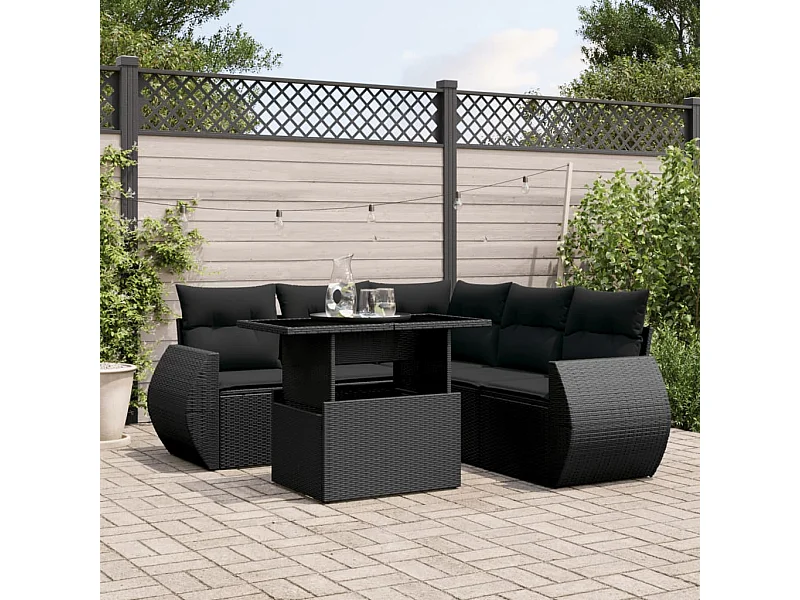 Salon de jardin 6 pièces avec coussins noir résine tressée