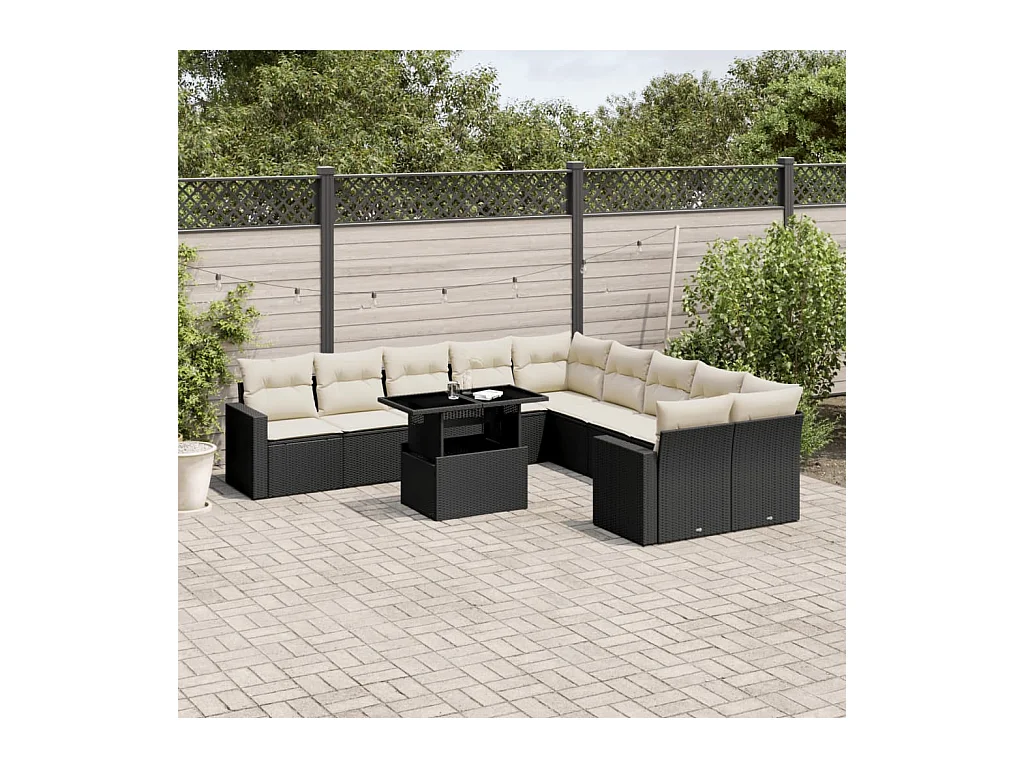 11 peças conjunto sofás de jardim c/ almofadões vime PE preto