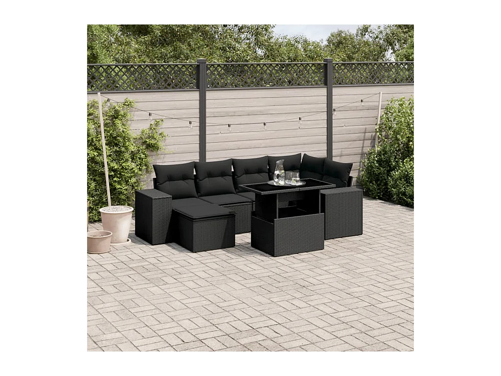 Salon de jardin 7 pièces avec coussins noir résine tressée