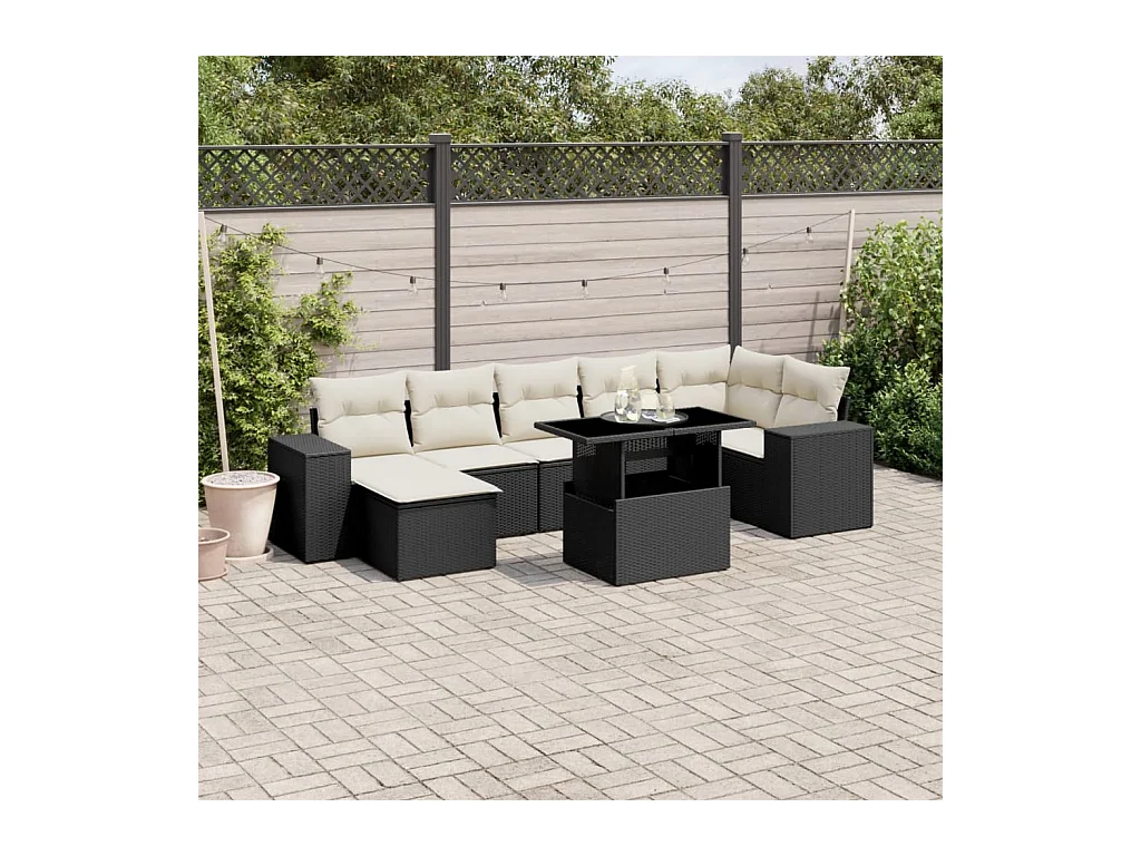 Salon de jardin 8 pièces avec coussins noir résine tressée