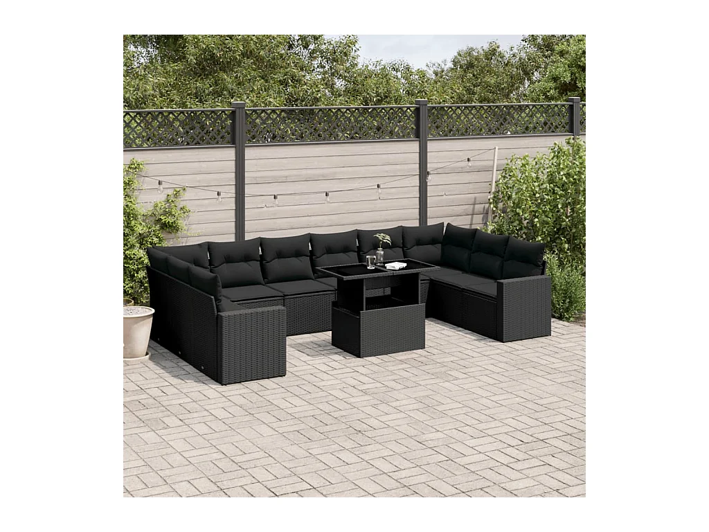 11 peças conjunto sofás de jardim c/ almofadões vime PE preto