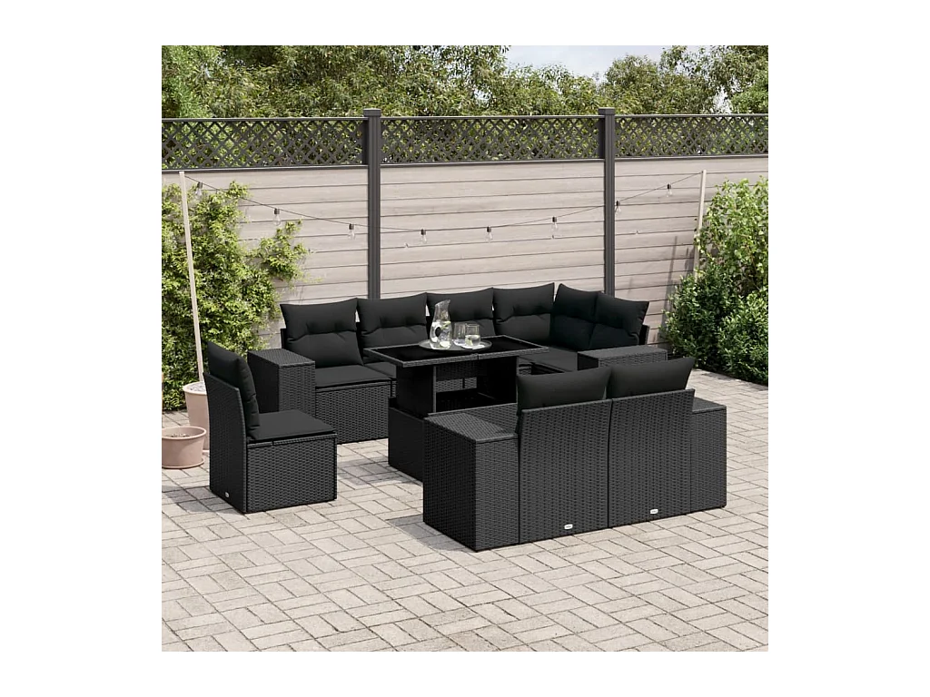Set de sofás de jardín 8 piezas y cojines ratán sintético negro