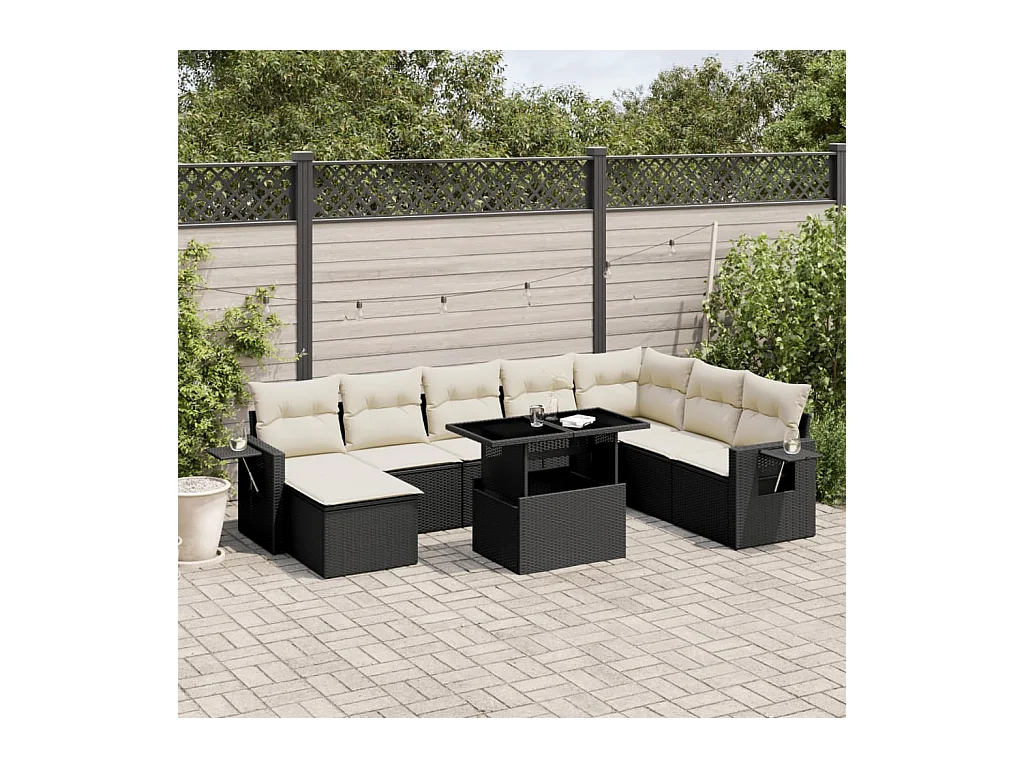 Salon de jardin 8 pièces avec coussins noir résine tressée