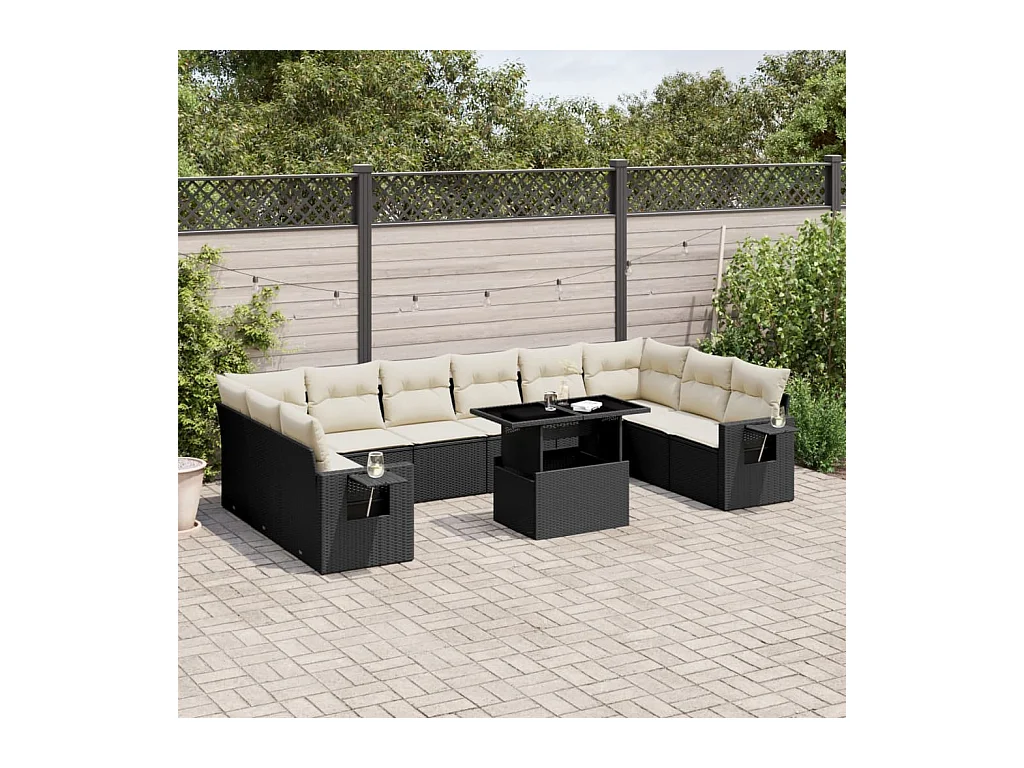 11-delige Loungeset met kussens poly rattan zwart