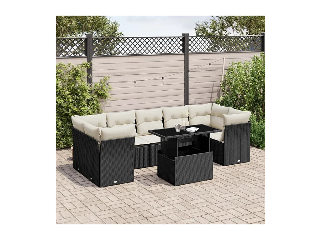 Salon de jardin 8 pièces avec coussins noir résine tressée