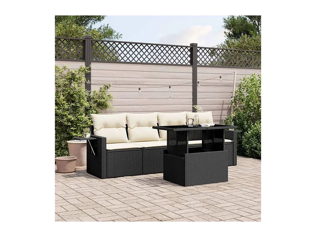 Salon de jardin 5 pièces avec coussins noir résine tressée