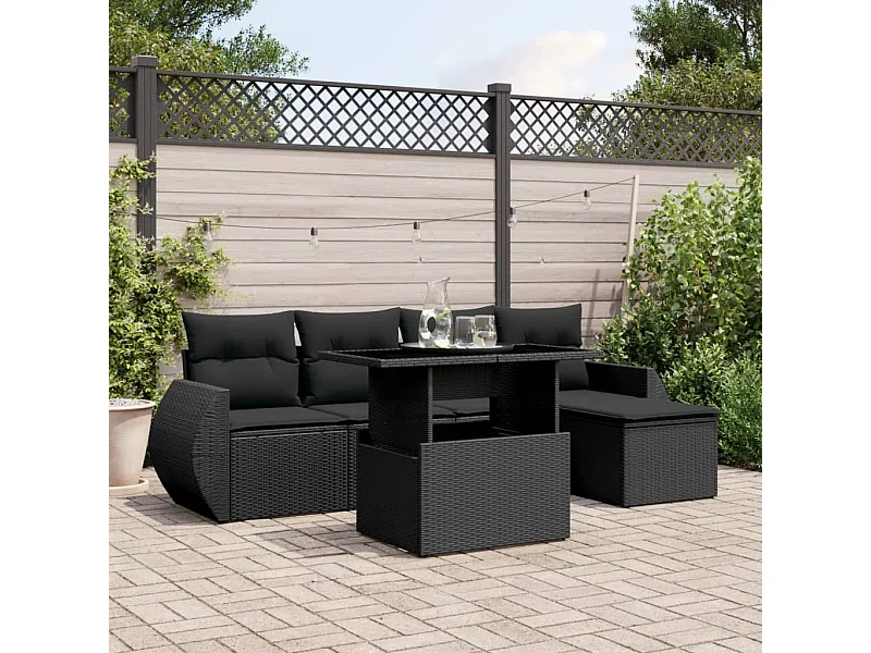 Salon de jardin 6 pièces avec coussins noir résine tressée