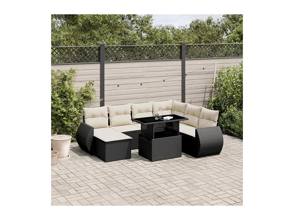 Salon de jardin 8 pièces avec coussins noir résine tressée