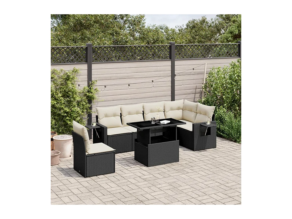7-delige Loungeset met kussens poly rattan zwart