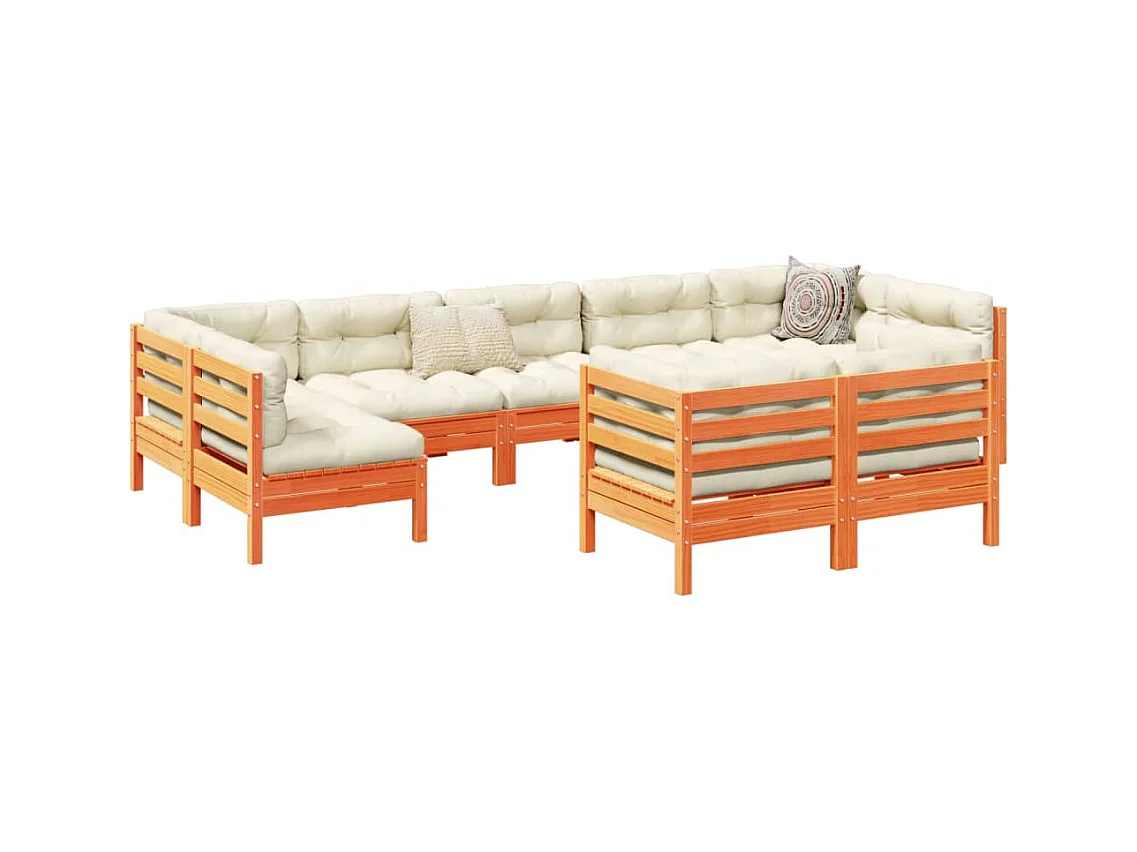 Salon de jardin 9 pièces avec coussins marron cire bois pin massif