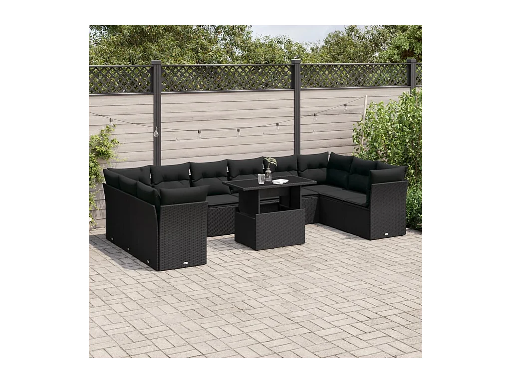 11 peças conjunto sofás de jardim c/ almofadões vime PE preto