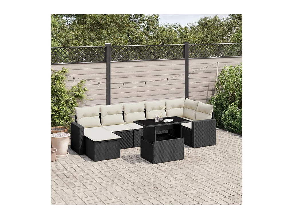 Salon de jardin 8 pièces avec coussins noir résine tressée