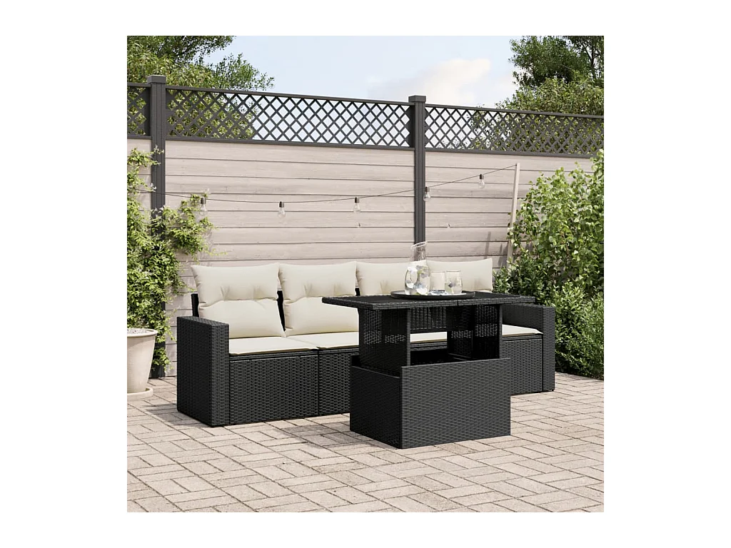 Salon de jardin 5 pièces avec coussins noir résine tressée