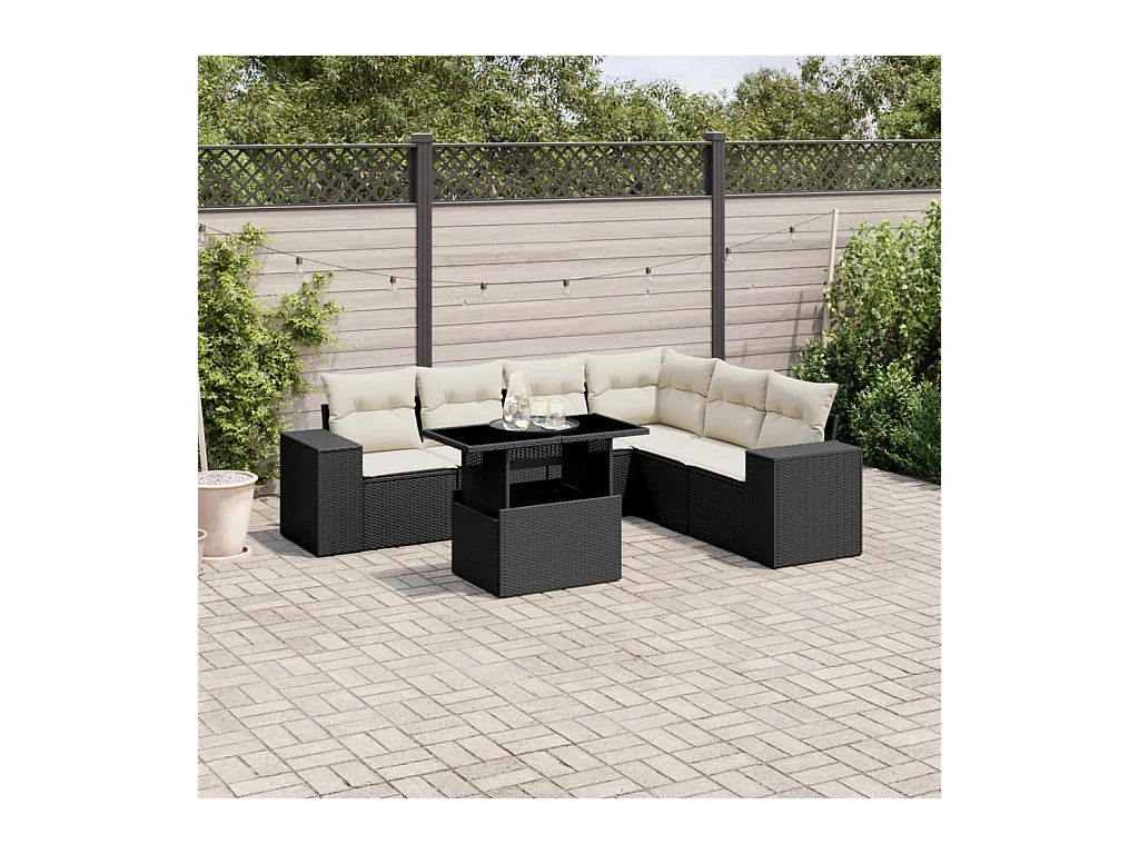 7-delige Loungeset met kussens poly rattan zwart