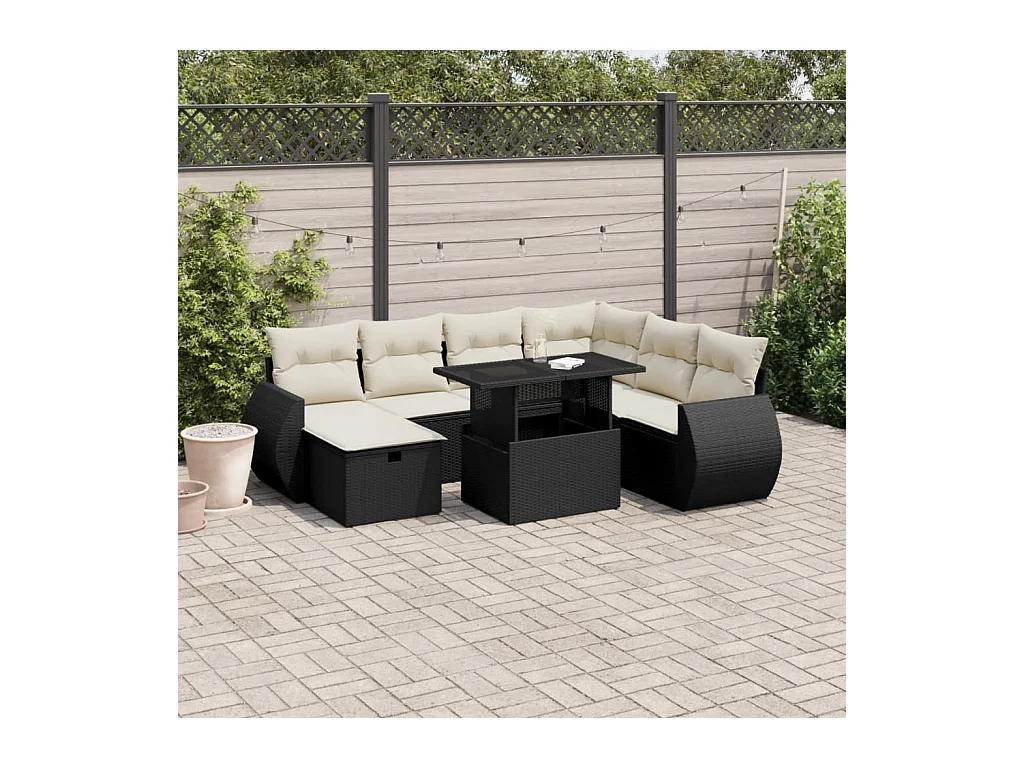 Salon de jardin 8 pièces avec coussins noir résine tressée