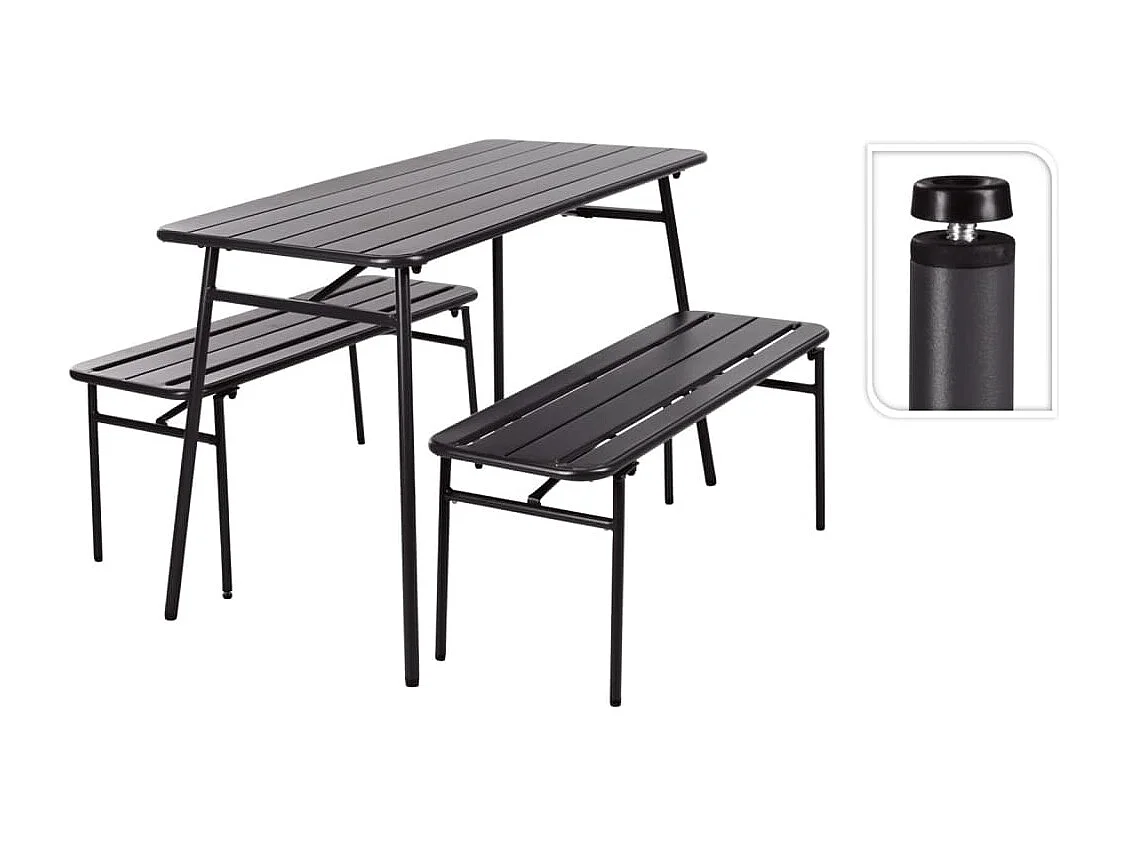 Ensemble table et banc de jardin 3 pièces gris acier