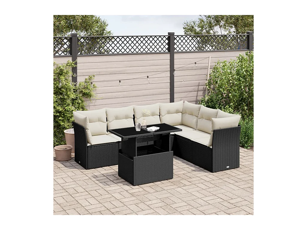 7-delige Loungeset met kussens poly rattan zwart