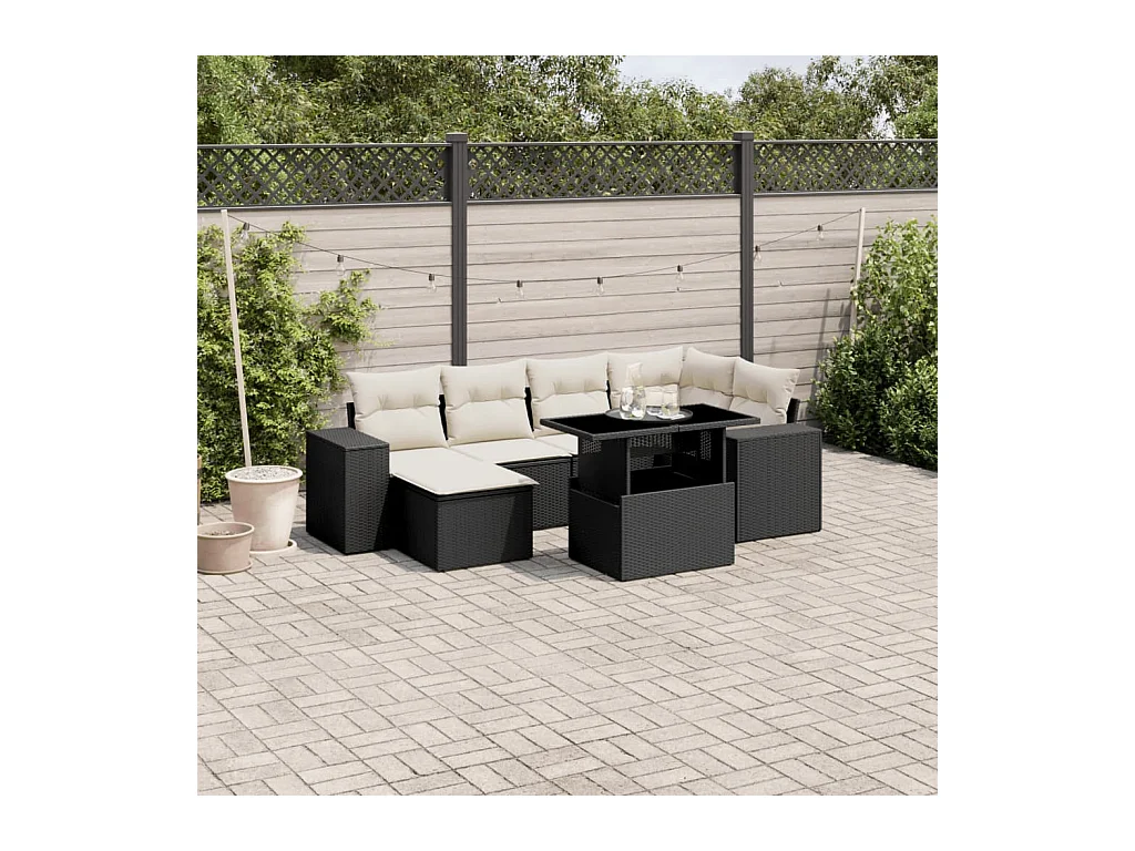 Salon de jardin 7 pièces avec coussins noir résine tressée