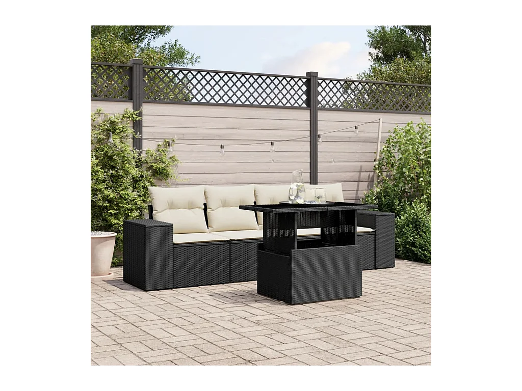Salon de jardin 5 pièces avec coussins noir résine tressée
