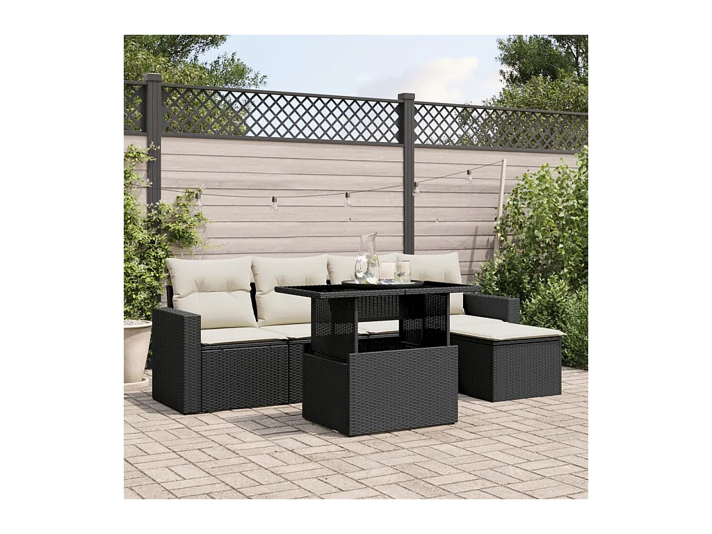Salon de jardin 6 pièces avec coussins noir résine tressée