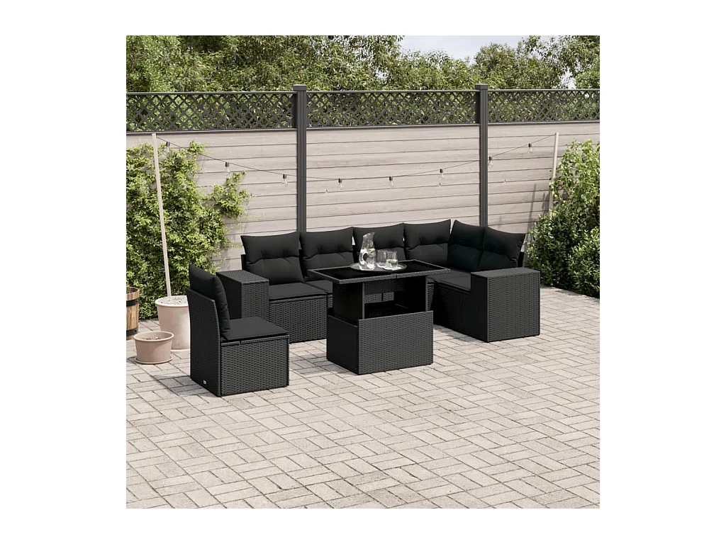 Salon de jardin 7 pièces avec coussins noir résine tressée