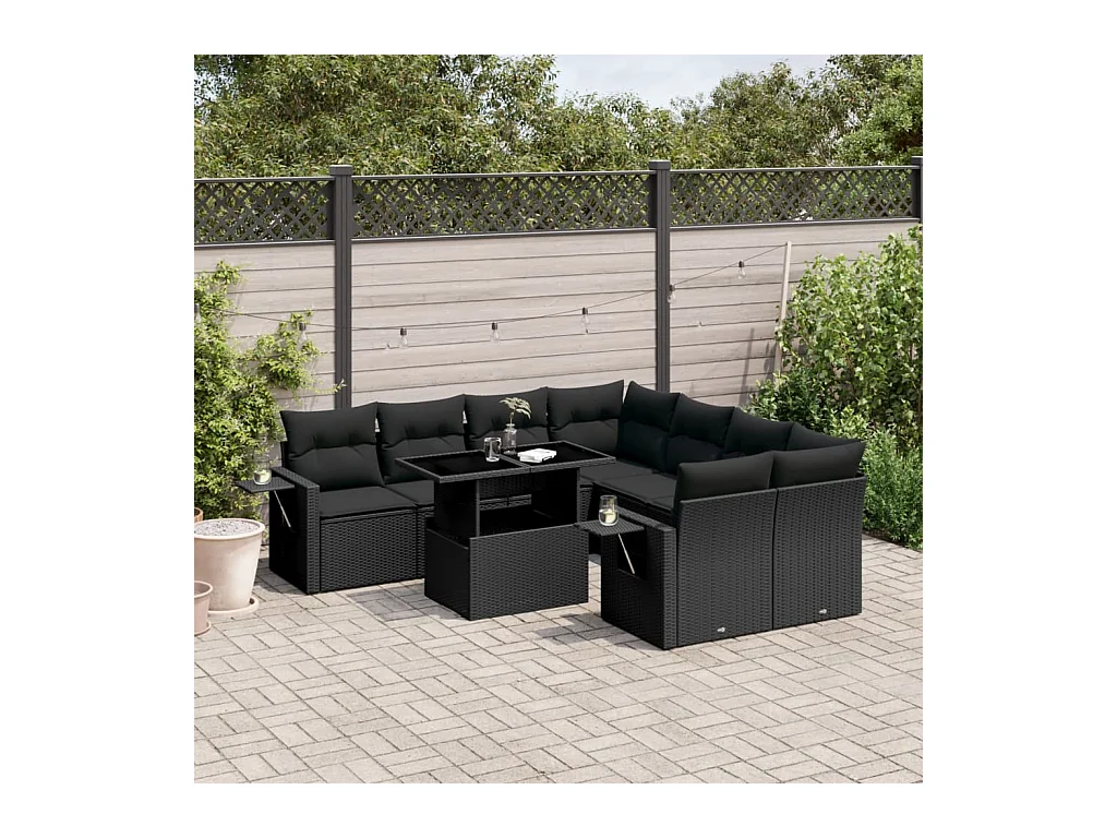 Salon de jardin 9 pièces avec coussins noir résine tressée