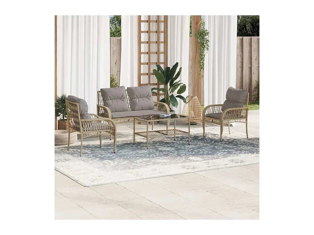 4 peças conjunto de sofás para jardim c/ almofadões vime PE bege