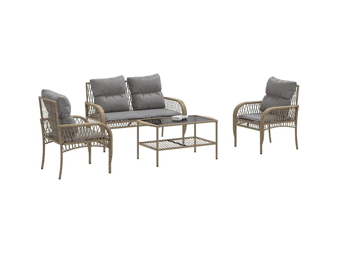 Salon de jardin avec coussins 4 pièces beige résine tressée