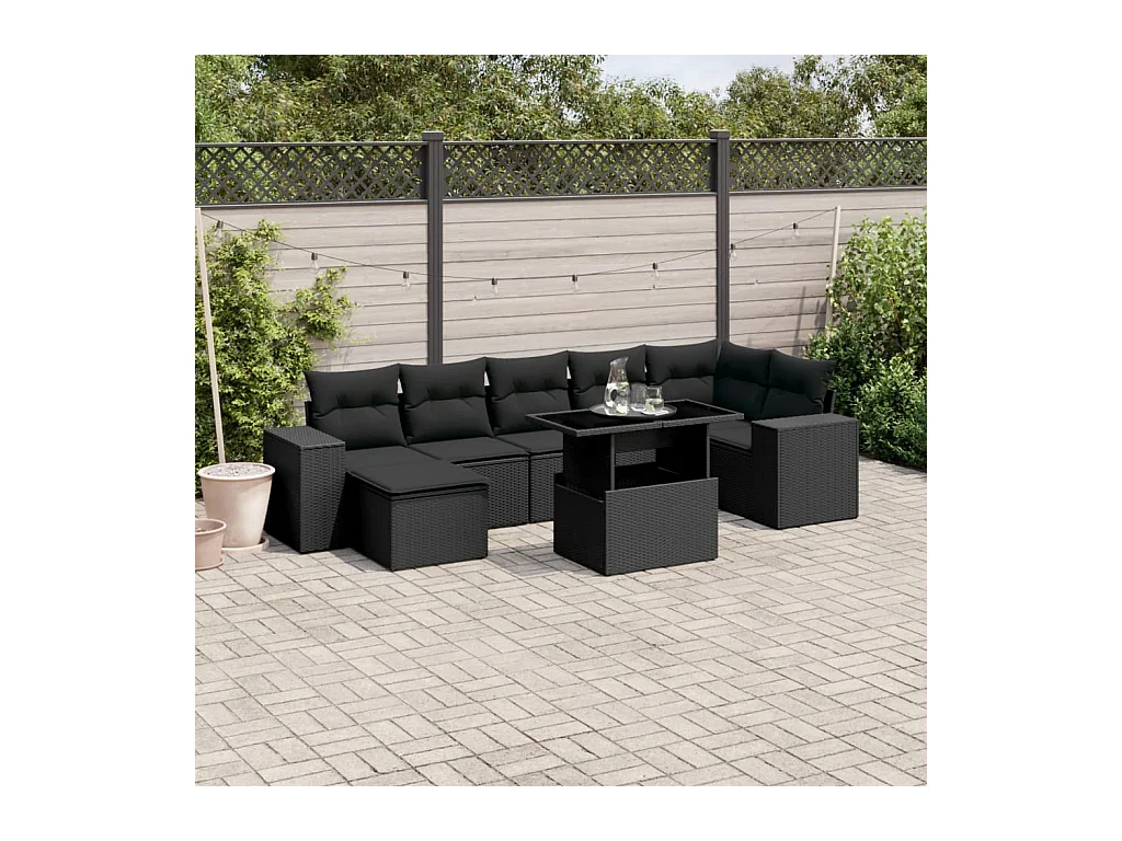 Salon de jardin 8 pièces avec coussins noir résine tressée
