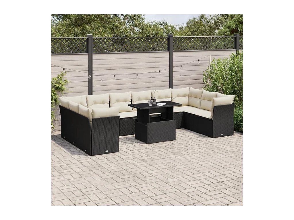 Salon de jardin 11 pièces avec coussins noir résine tressée