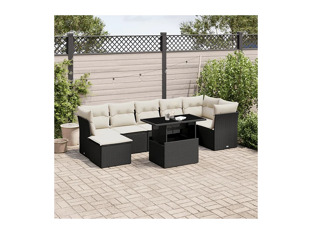 Salon de jardin 8 pièces avec coussins noir résine tressée