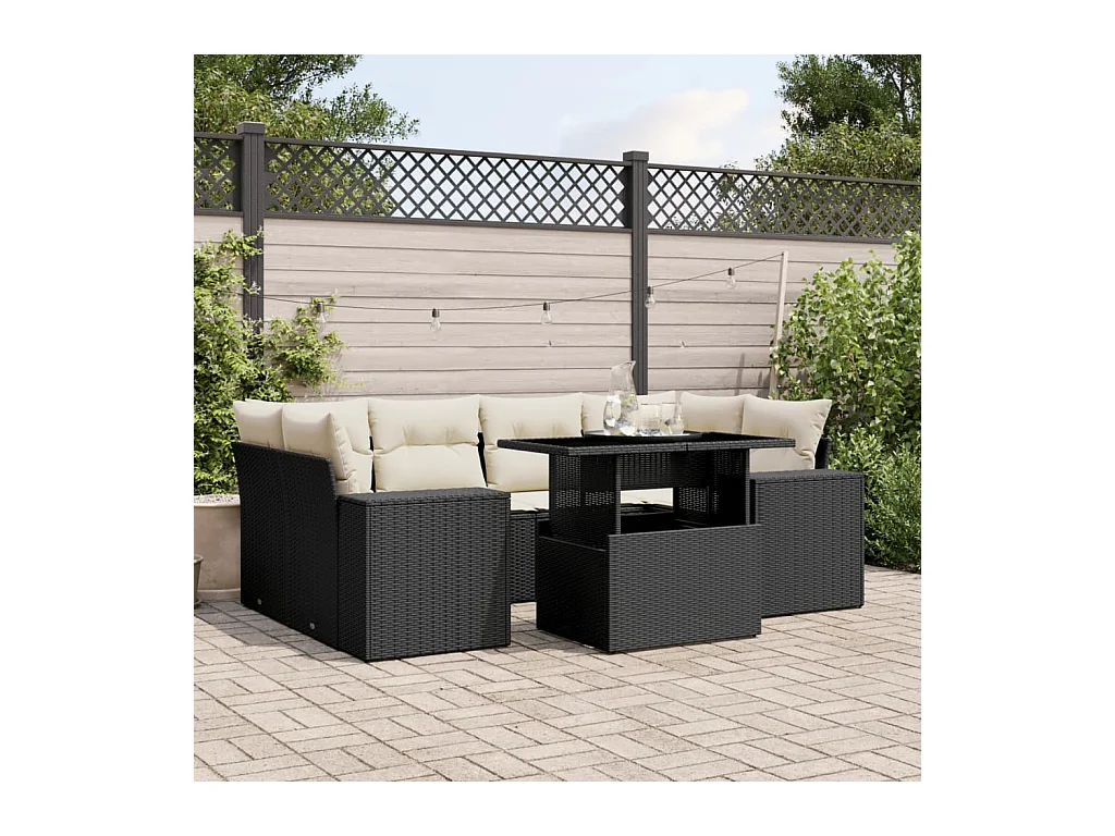 Salon de jardin 7 pièces avec coussins noir résine tressée
