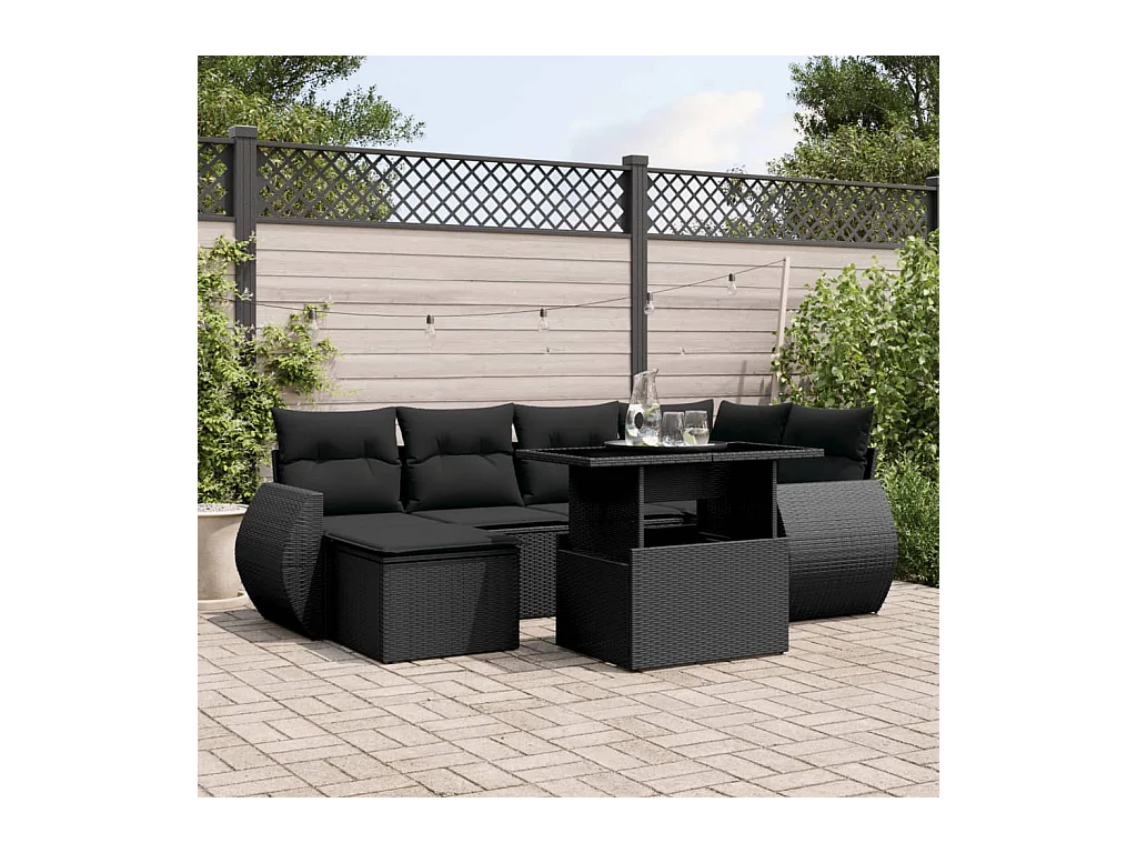 7-delige Loungeset met kussens poly rattan zwart